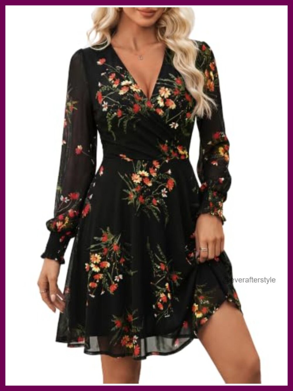 Women Floral Mesh Wrap V Neck A Line Mini Dress Lantern Sleeve